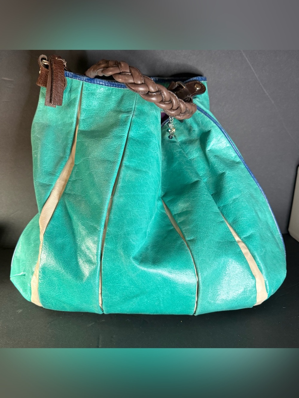 Anthropologie Vintage Tano Y2K Teal and Tan Women’s Pleated Tote Bag
